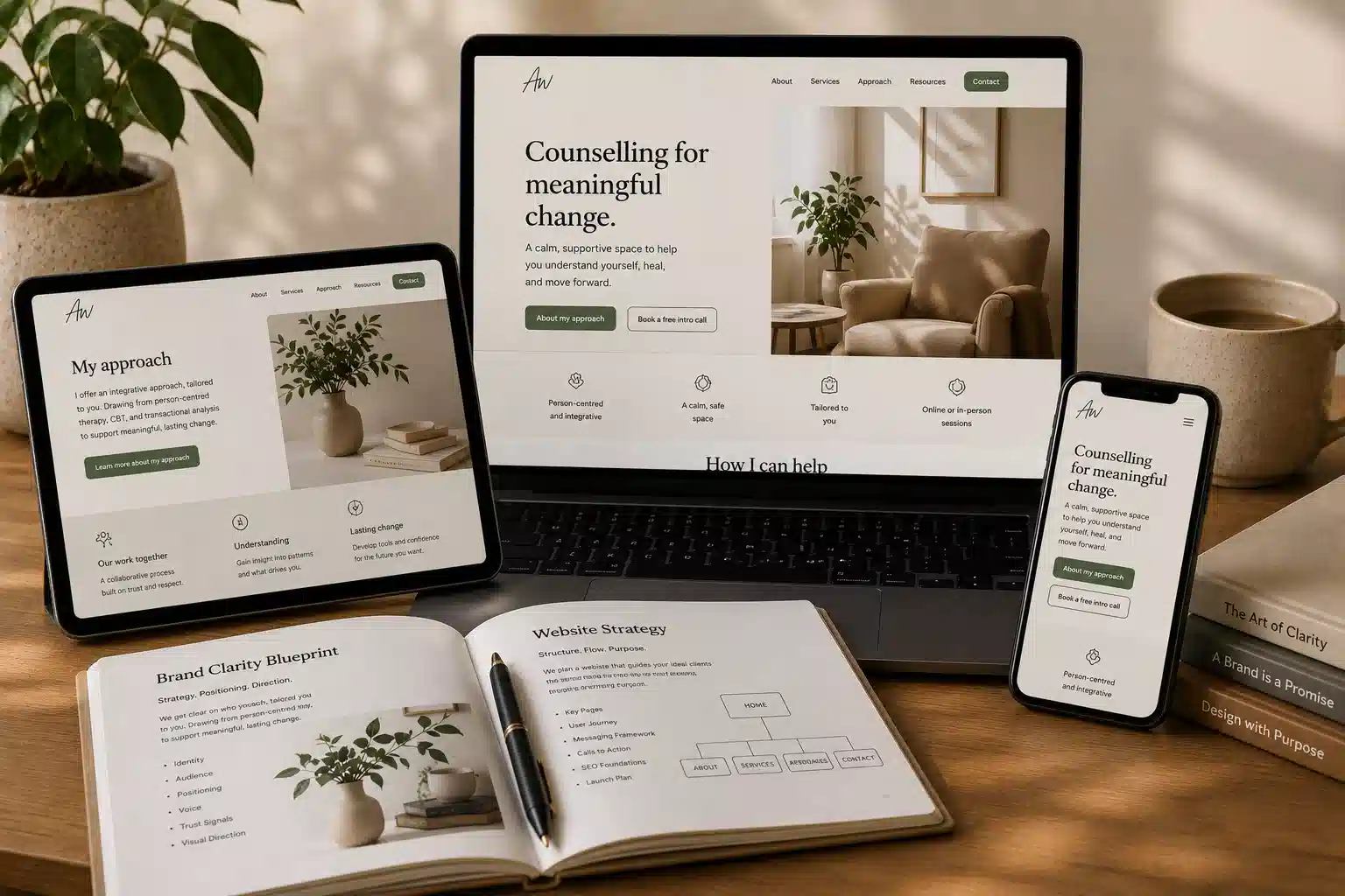 Therapy website shown beside the professional identity and strategic foundation behind it