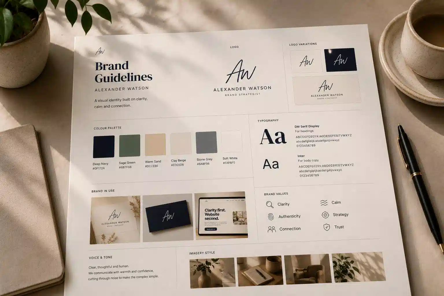 A brand guideline sheet bringing logo, colour and typography choices into one system.