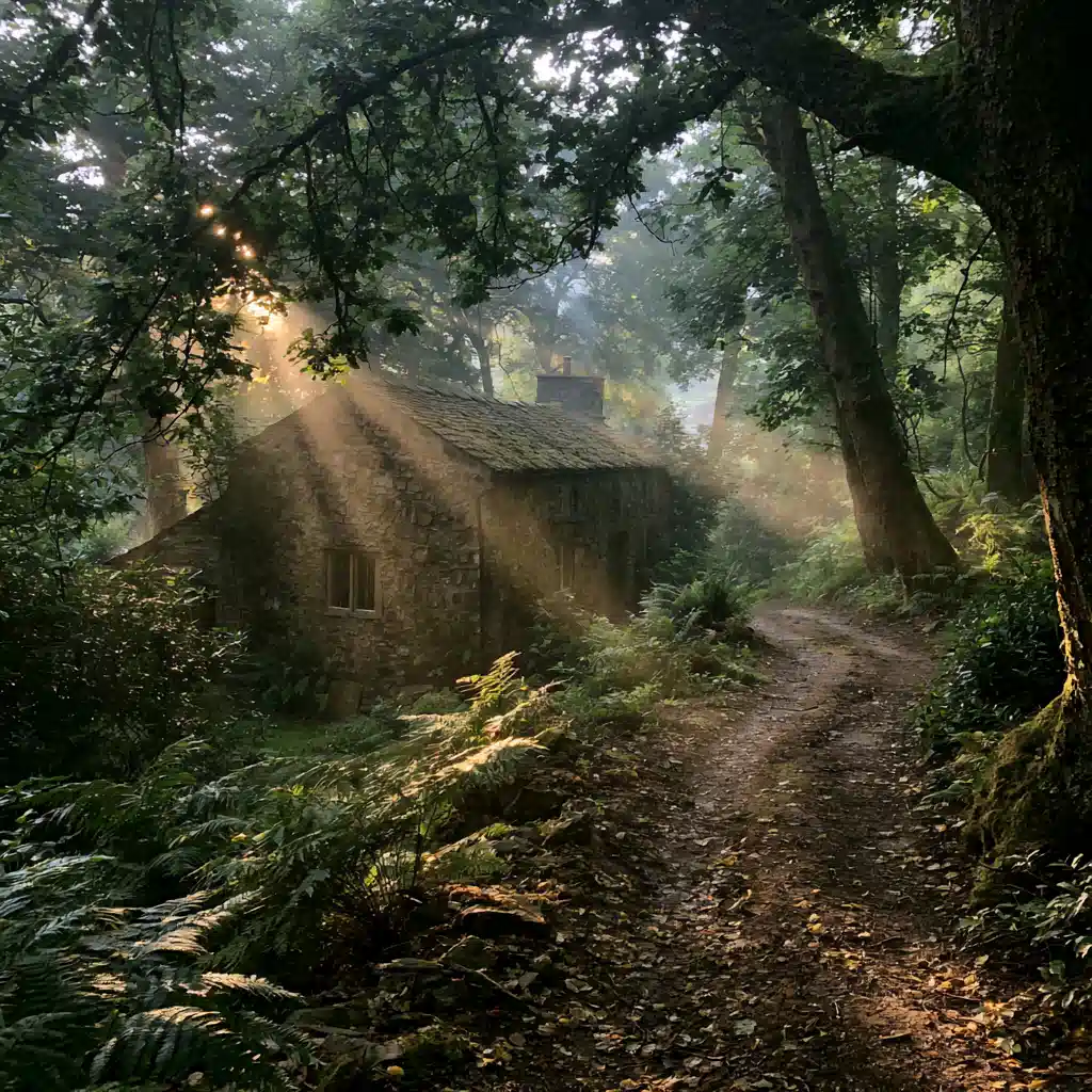 A sunlit woodland path leading towards a quiet stone doorway among mature trees