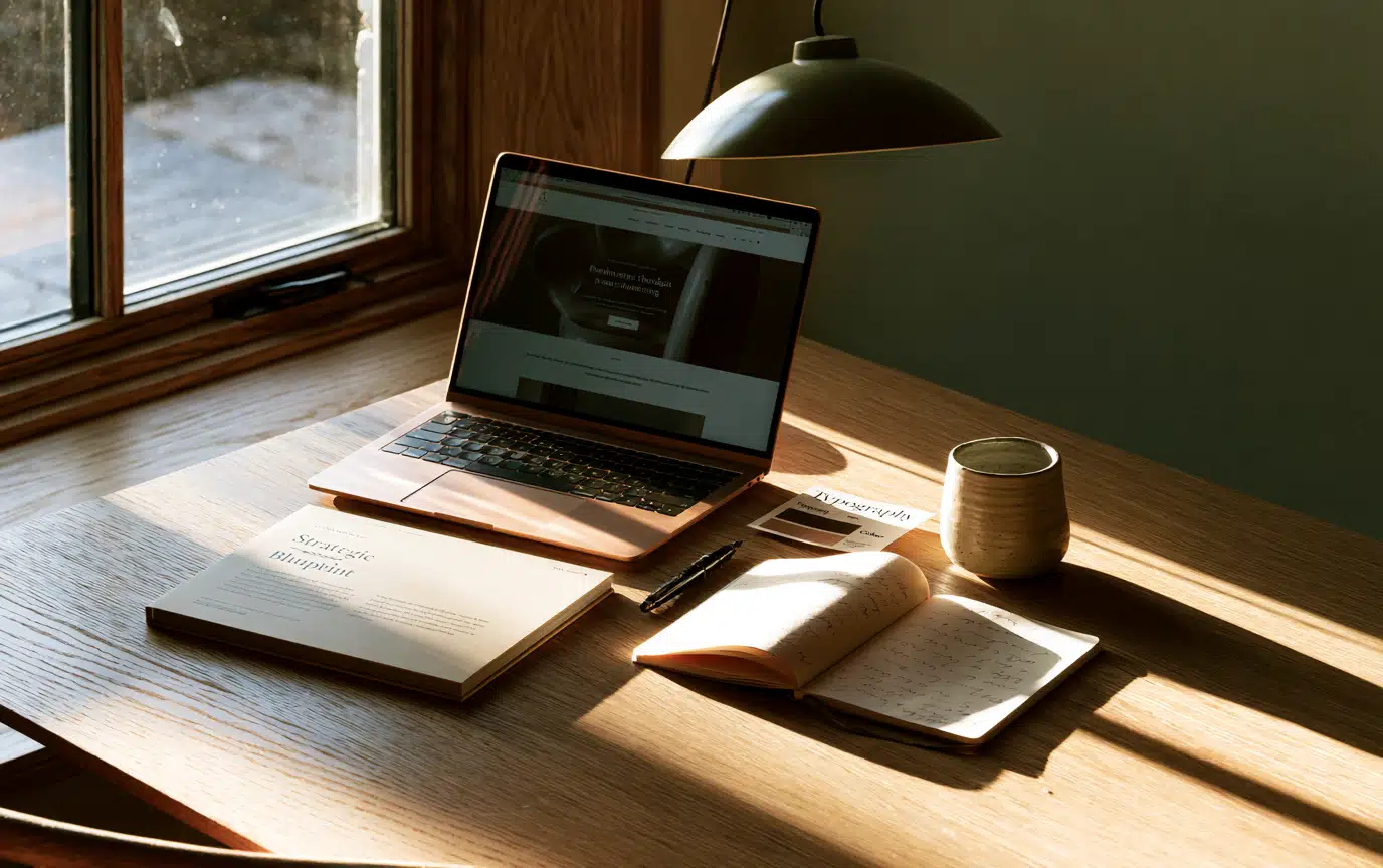 A calm therapist website shown beside the strategic notes and identity materials behind it
