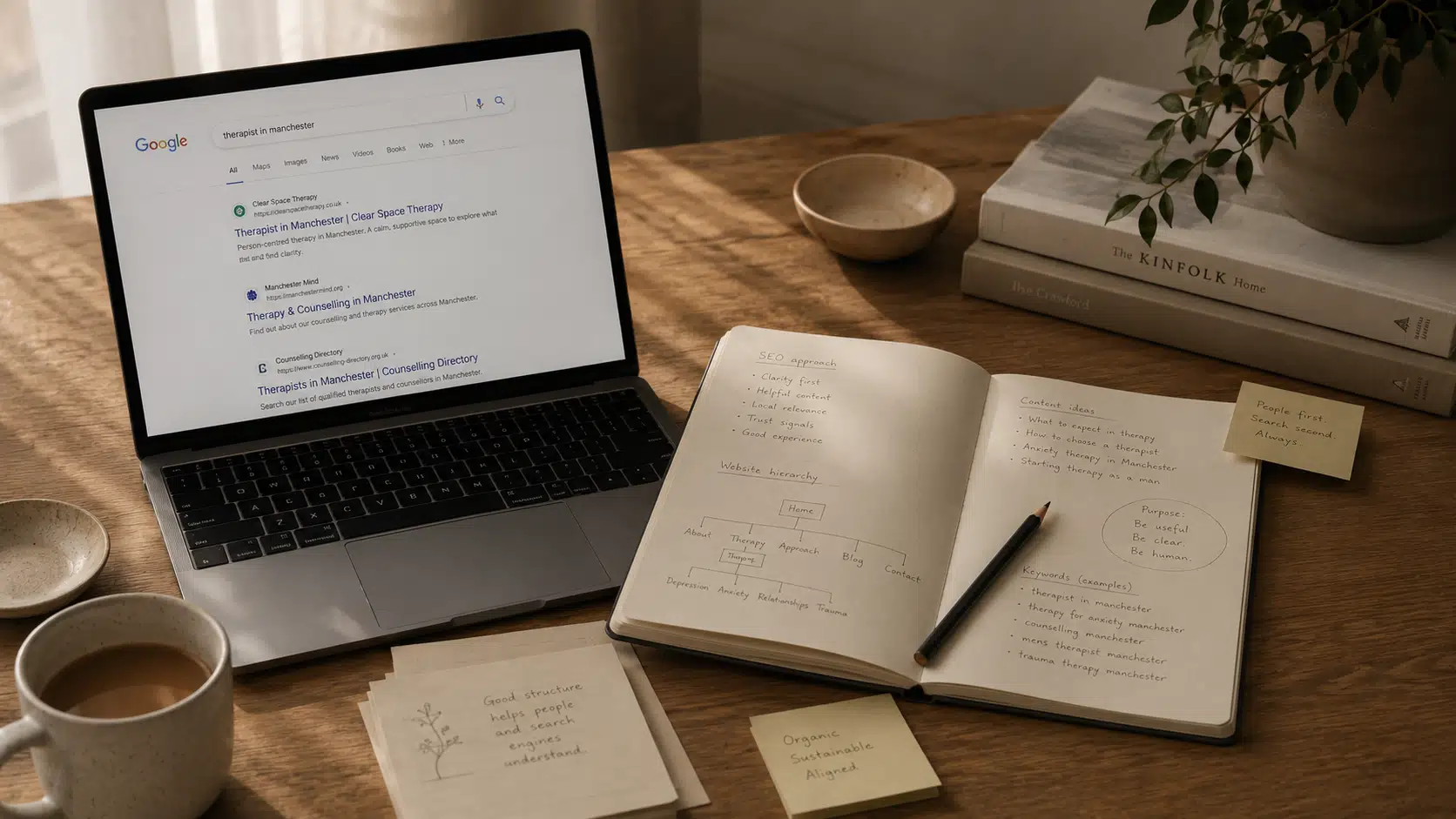 Search results and handwritten notes about ethical therapist visibility