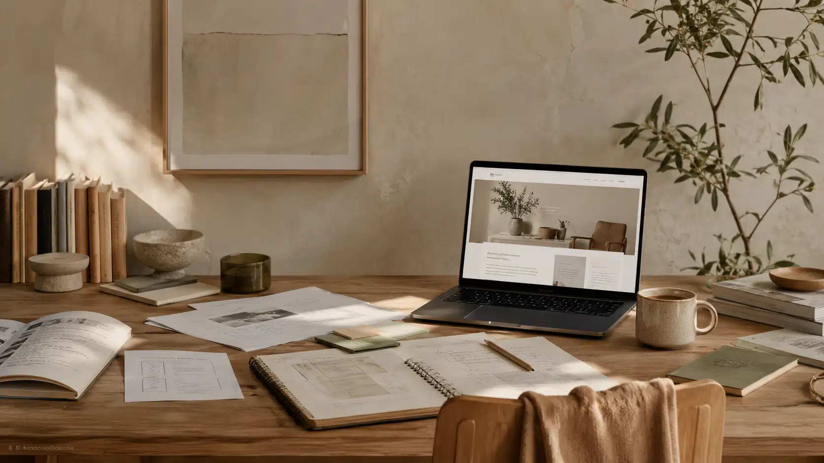 A calm homepage layout shown on a laptop beside a notebook in soft natural light.