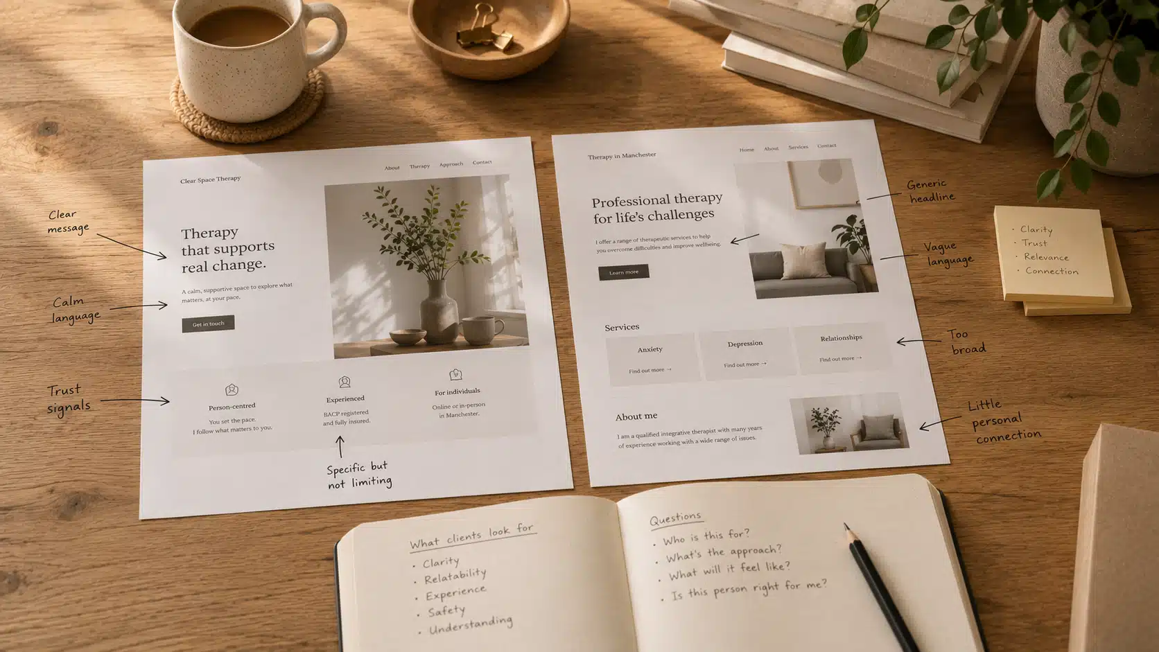 Therapist websites being compared for recognition and trust