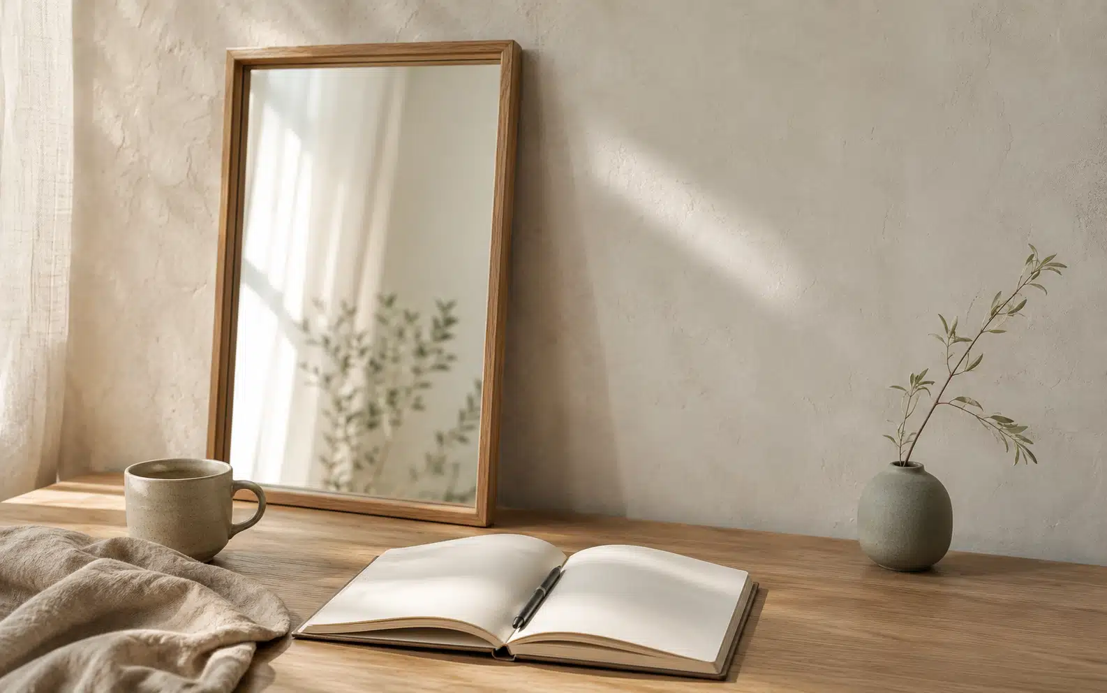 A simple wooden framed mirror beside an open notebook in soft morning light.