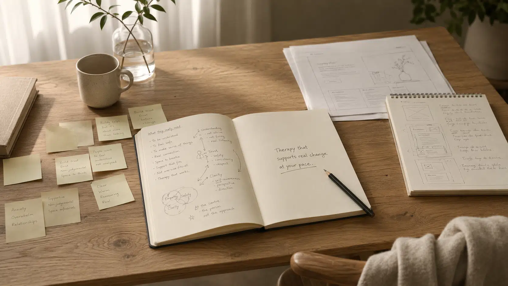 Notebook and notes exploring the identity of a therapy practice