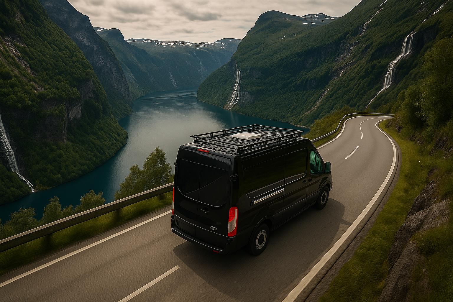Black Transit Van Driving through Norwegian Mountains